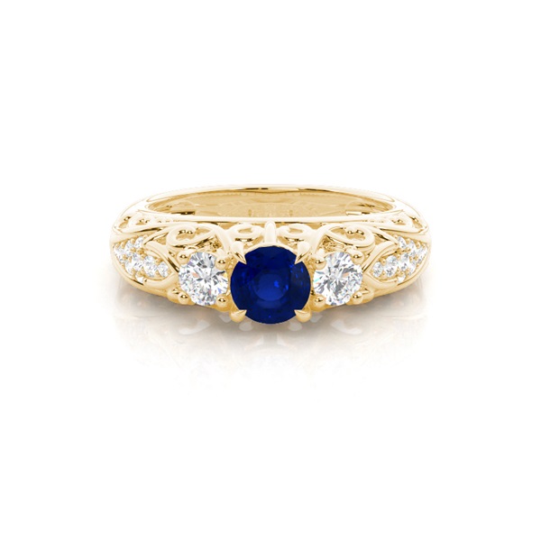 Prong Setting Round Blue Sapphire Side Stone Ring