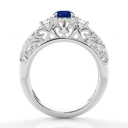 Prong Setting Round Blue Sapphire Side Stone Ring