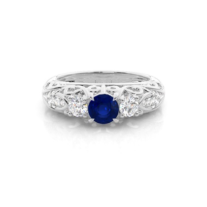 Prong Setting Round Blue Sapphire Side Stone Ring