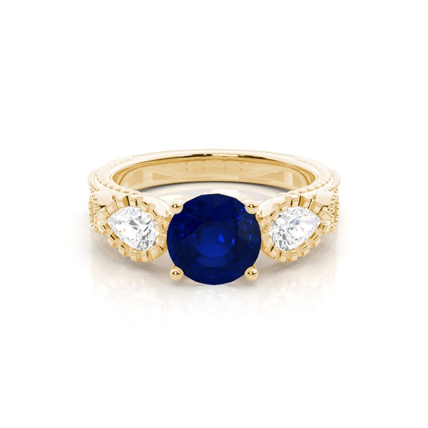 Prong Setting Round Blue Sapphire Trilogy Ring