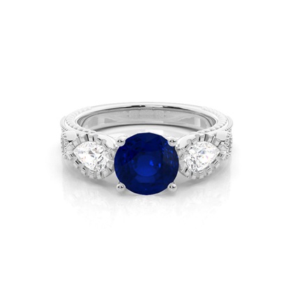 Prong Setting Round Blue Sapphire Trilogy Ring