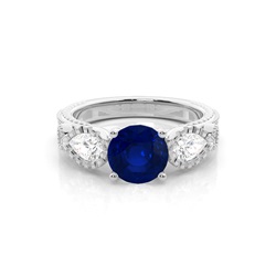 Prong Setting Round Blue Sapphire Trilogy Ring
