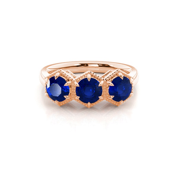 Prong Setting Round Blue Sapphire Trilogy Ring