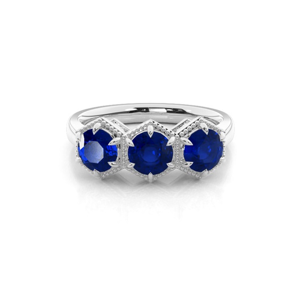 Prong Setting Round Blue Sapphire Trilogy Ring