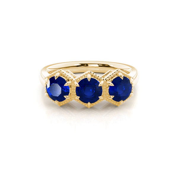 Prong Setting Round Blue Sapphire Trilogy Ring