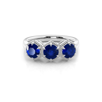 Prong Setting Round Blue Sapphire Trilogy Ring