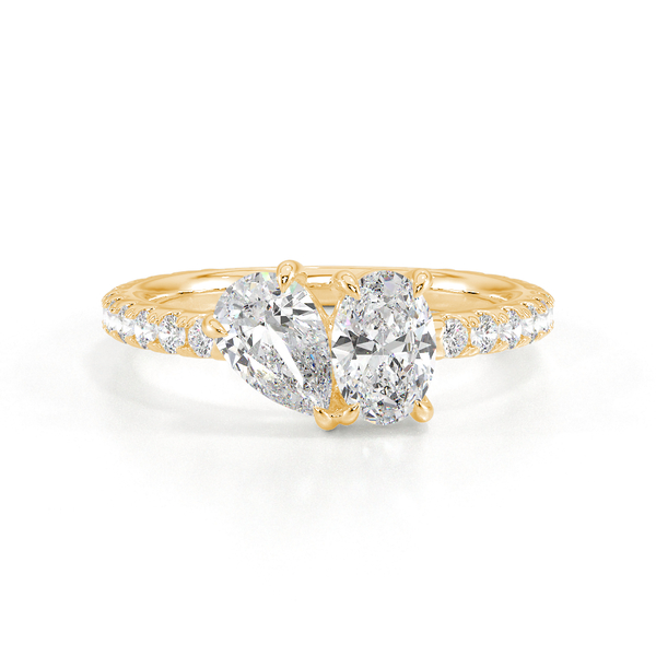 Toi-Et-Moi-Ring Mit Birnengeschliffenem Und Oval Geschliffenem Diamanten, Pavierter Ringschiene
