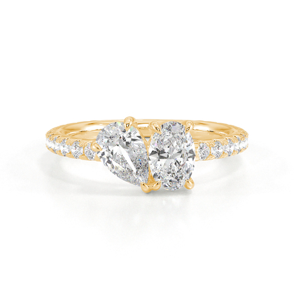 Toi-Et-Moi-Ring Mit Birnengeschliffenem Und Oval Geschliffenem Diamanten, Pavierter Ringschiene

