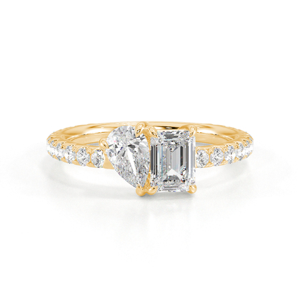Toi-Et-Moi-Ring Mit Birnengeschliffenem Diamanten Und Smaragdgeschliffenem Smaragd, Pavierter Ringschiene