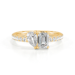 Toi-Et-Moi-Ring Mit Birnengeschliffenem Diamanten Und Smaragdgeschliffenem Smaragd, Pavierter Ringschiene