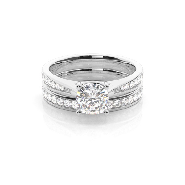 Set da sposa con anello di fidanzamento con pietra laterale e fascia nuziale con diamante abbinata