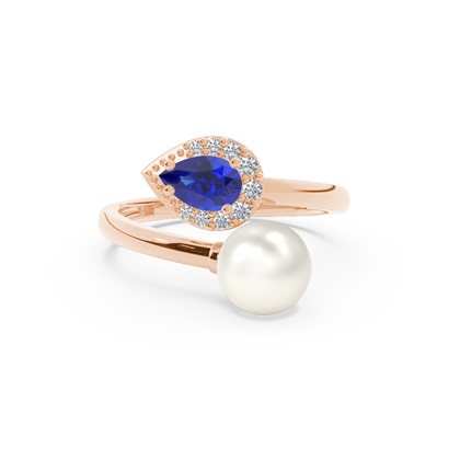 Diamond Ring With Freshwater Pearl And Pear Shaped Ruby