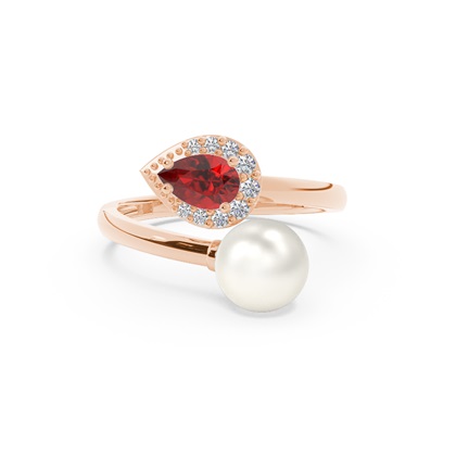 Diamond Ring With Freshwater Pearl And Pear Shaped Ruby