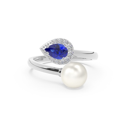 Diamond Ring With Freshwater Pearl And Pear Shaped Ruby
