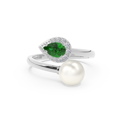 Diamond Ring With Freshwater Pearl And Pear Shaped Ruby