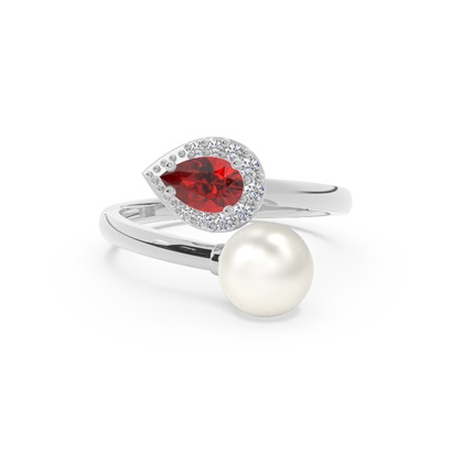 Diamond Ring With Freshwater Pearl And Pear Shaped Ruby