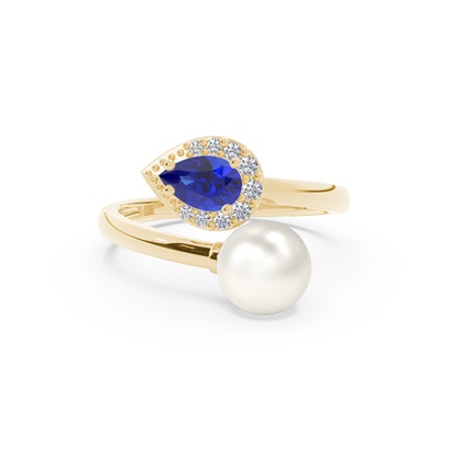 Diamond Ring With Freshwater Pearl And Pear Shaped Ruby
