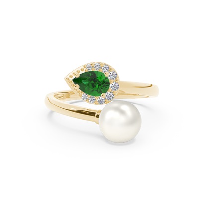 Diamond Ring With Freshwater Pearl And Pear Shaped Ruby