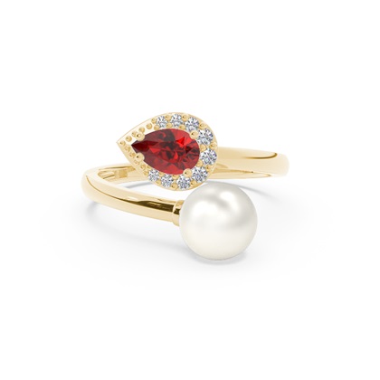 Diamond Ring With Freshwater Pearl And Pear Shaped Ruby
