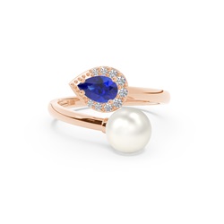 Diamond Ring With Freshwater Pearl And Pear Shaped Ruby
