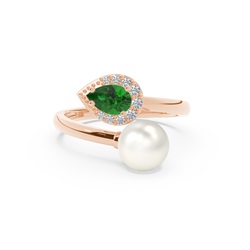 Diamond Ring With Freshwater Pearl And Pear Shaped Ruby