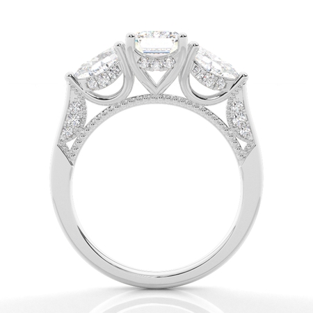 Trilogie Verlobungsring mit Diamant in Smaragdform und verstecktem Halo