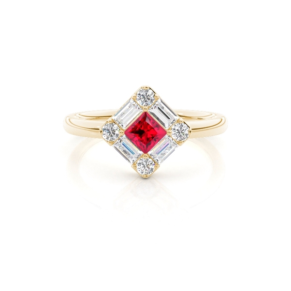 Mosaik-Ring mit Diamanten in verschiedenen Schliffformen und Rubinen