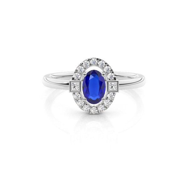 Alltagsring mit Princess- und Runddiamanten & ovalem blauen Saphir