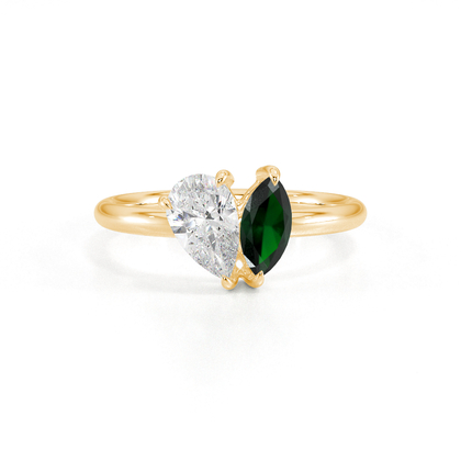Toi-Et-Moi-Ring Mit Birnengeschliffenem Diamanten Und Marquiseschliff Smaragd
