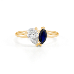 Toi-Et-Moi-Ring Mit Birnengeschliffenem Diamanten Und Marquiseschliff Blauem Saphir
