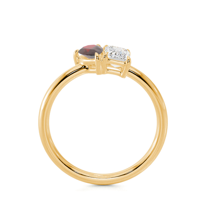 Toi-Et-Moi-Ring Mit Birnengeschliffenem Rubin Und Smaragdgeschliffenem Diamanten