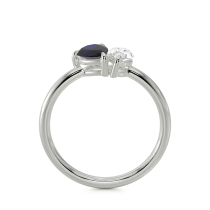 Toi-Et-Moi-Ring Mit Birnengeschliffenem Blauem Saphir Und Marquiseschliff Diamanten
