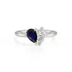 Toi-Et-Moi-Ring Mit Birnengeschliffenem Blauem Saphir Und Marquiseschliff Diamanten
