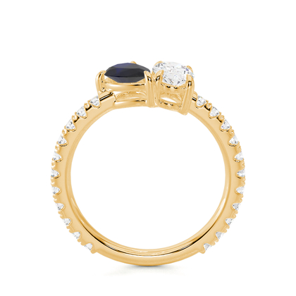 Toi-Et-Moi-Ring Mit Birnengeschliffenem Blauem Saphir Und Oval Geschliffenem Diamanten, Pavierter Ringschiene
