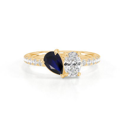 Toi-Et-Moi-Ring Mit Birnengeschliffenem Blauem Saphir Und Oval Geschliffenem Diamanten, Pavierter Ringschiene
