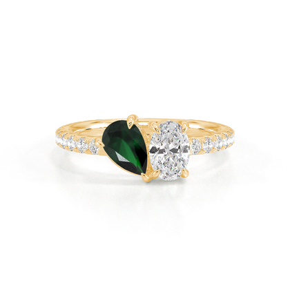 Toi-Et-Moi-Ring Mit Birnengeschliffenem Smaragd Und Oval Geschliffenem Diamanten, Pavierter Ringschiene
