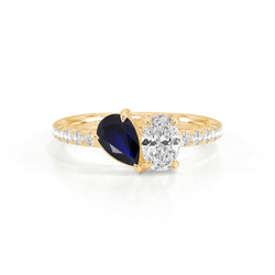 Toi-Et-Moi-Ring Mit Birnengeschliffenem Blauem Saphir Und Oval Geschliffenem Diamanten, Pavierter Ringschiene
