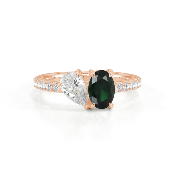 Toi-Et-Moi-Ring Mit Birnengeschliffenem Diamanten Und Oval Geschliffenem Smaragd, Pavierter Ringschiene
