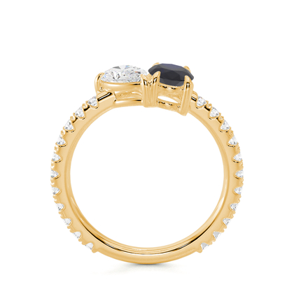 Toi-Et-Moi-Ring Mit Birnengeschliffenem Diamanten Und Oval Geschliffenem Blauem Saphir, Pavierter Ringschiene
