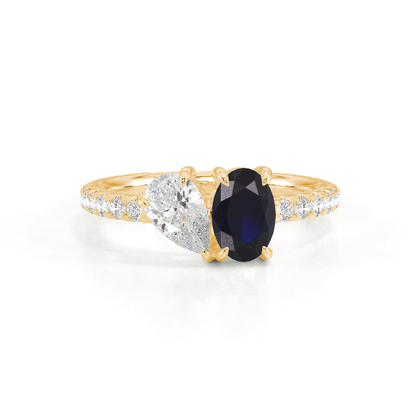 Toi-Et-Moi-Ring Mit Birnengeschliffenem Diamanten Und Oval Geschliffenem Blauem Saphir, Pavierter Ringschiene
