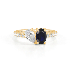Toi-Et-Moi-Ring Mit Birnengeschliffenem Diamanten Und Oval Geschliffenem Blauem Saphir, Pavierter Ringschiene
