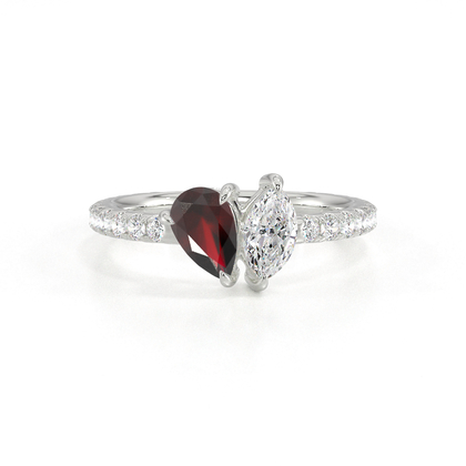 Toi-Et-Moi-Ring Mit Birnengeschliffenem Rubin Und Marquiseschliff Diamanten, Pavierter Ringschiene