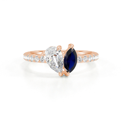 Toi Et Moi Pear Diamond & Marquise-Cut Blue Sapphire Pavé Set Ring