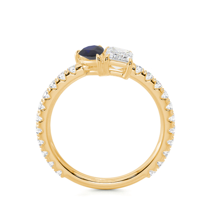 Toi-Et-Moi-Ring Mit Birnengeschliffenem Rubin Und Smaragdgeschliffenem Diamanten, Pavierter Ringschiene