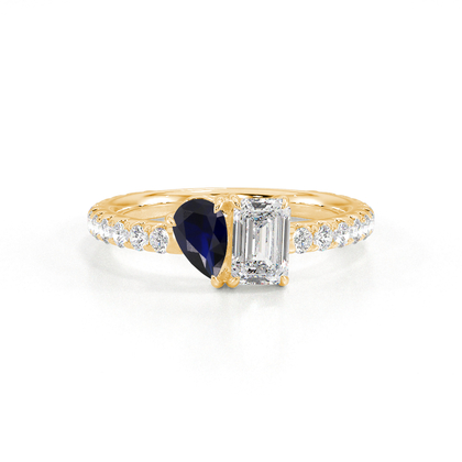 Toi-Et-Moi-Ring Mit Birnengeschliffenem Rubin Und Smaragdgeschliffenem Diamanten, Pavierter Ringschiene