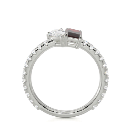 Toi-Et-Moi-Ring Mit Birnengeschliffenem Diamanten Und Smaragdgeschliffenem Rubin, Pavierter Ringschiene