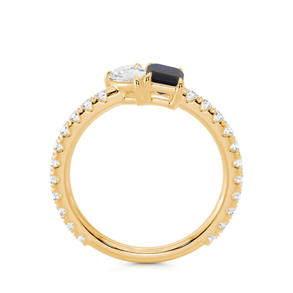 Toi-Et-Moi-Ring Mit Birnengeschliffenem Diamanten Und Smaragdgeschliffenem Blauem Saphir, Pavierter Ringschiene