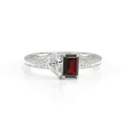 Toi-Et-Moi-Ring Mit Birnengeschliffenem Diamanten Und Smaragdgeschliffenem Rubin, Pavierter Ringschiene