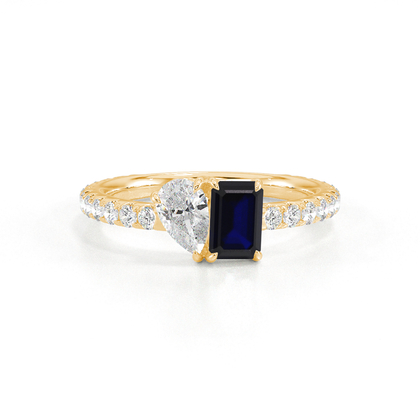 Toi-Et-Moi-Ring Mit Birnengeschliffenem Diamanten Und Smaragdgeschliffenem Blauem Saphir, Pavierter Ringschiene