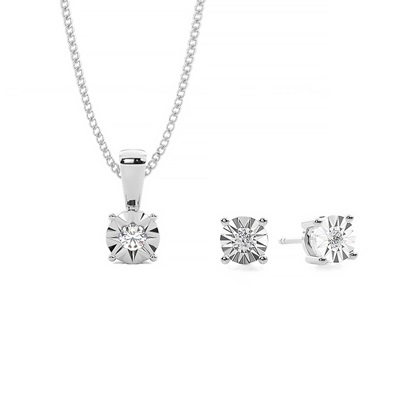 Illusion Setting Round Solitaire Pendant and Earring Set